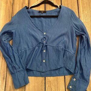 Lulu's Blue V-Neck Blouse with Button Detail